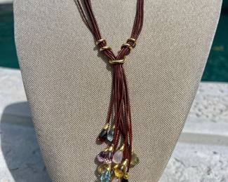 Leather Tassel 18kt Yellow Gold Briolette Cut Gemstone Necklace