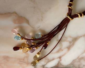 Leather Tassel 18kt Yellow Gold Briolette Cut Gemstone Necklace $1295