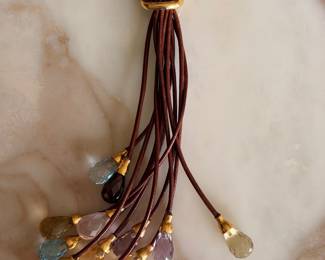 Leather Tassel 18kt Yellow Gold Briolette Cut Gemstone Necklace