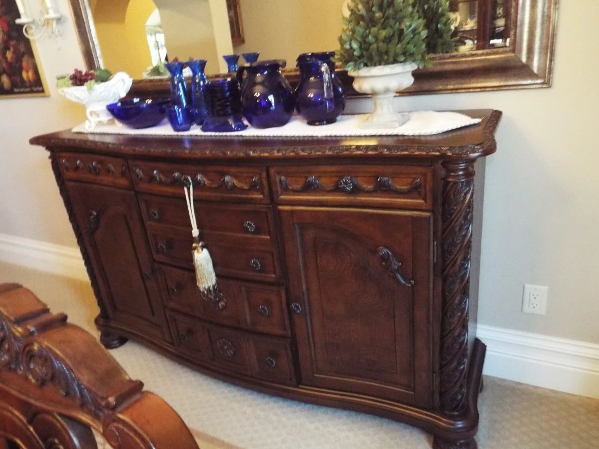 Buffet with colbalt blue glassware