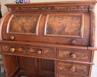 19th Century Burl Wood Victorian American Eastlake Cylinder Roll Top Desk