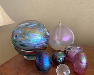  Blown Iridescent Art Glass Globe Oil Burners, Iridescent Art Glass Egg Paperweights, Iridescent Pink Art Glass Sphere Paperweight