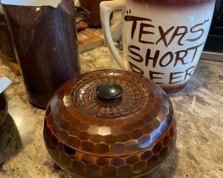 Japanese Ohitsu Lacquered Wood Lidded Rice Bowl, 1950s "Texas Short Beer" Ceramic Mug