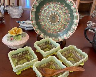Bulgarian Pottery Dinner Plate, Canary Yellow Vaseline Glass Berry Bowls