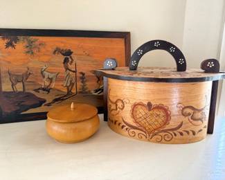  Mysore Wood Inlay Art, Norwegian Wooden Bentwood Folk Art Tine Box