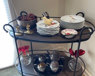 Dark Wood Grain Finish Two Tier Rolling Bar Cart