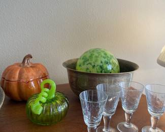 Green Blown Glass Pumpkin, Set of 4 Cordial Wine Glasses