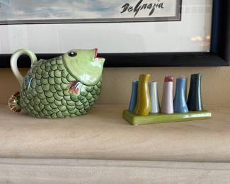 Green Ceramic Fish Pitcher, Chive Pooley Colorful Ceramic 8-Tube Bud Vase Holder