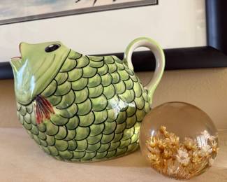 Green Ceramic Fish Pitcher, 1970s Lucite Acrylic Dried Floral Arrangement Paperweight