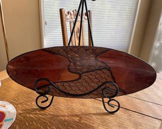 African Style Carved Wood Canoe Bowl with Fish Scale Pattern