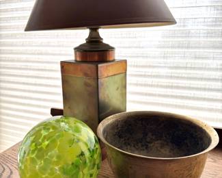 Antique Style Brass Tea Caddy Table Lamp, Green Confetti Blown Glass Sphere Paperweight