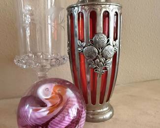 Pink & Purple Swirl Blown Glass Sphere Paperweight, Art Nouveau Style Ruby Red Glass Vase with Silver Floral Overlay