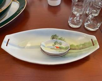 Hand-Painted Porcelain H'ordeuvres Tray and Condiment Dishes