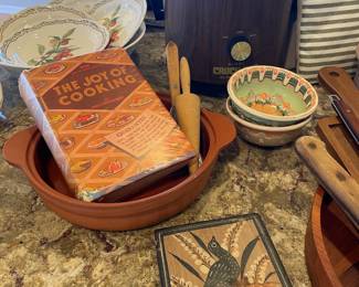 1946 The Joy of Cooking Cookbook by Irma Rombauer, Tonala Pottery Tile with Bird Motif, 1970s Rival Wood Grain Crock Pot Slow Cooker