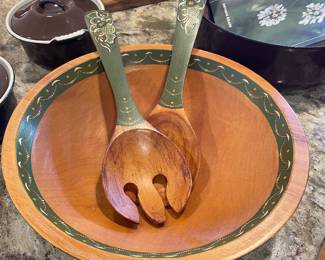 Hand Painted Norwegian Rosemaling Wood Salad Bowl & Server Set 