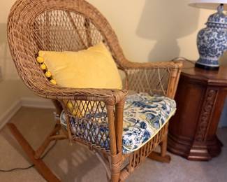 Victorian Style Wicker Rocking Chair with Floral Cushion