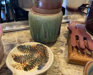 Studio Posttery Tea Caddy, Studio Pottery Spoon Rest with Floral Motif