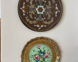 Hand-Painted Norwegian Rosemaling Folk Art Wooden Plate, Hand-Painted Italian Florentine Gilded Wooden Plate