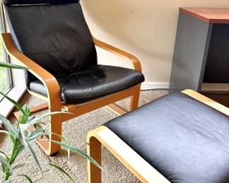 IKEA Poang Black Leather Chair and Ottoman