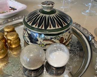 Tonala Mexican Pottery Trinket Box with Fish Motifs, Etched Glass Globe Salt and Pepper Shakers 