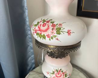 Pink Floral Hand-Painted Milk Glass Hurricane Lamp
