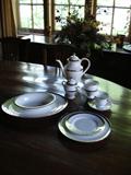 WATERFORD ENGLISH "NEW GRANGE" PLATINUM CHINA -
11 - 5 PIECE PLACE SETTINGS PLUS GRAVY BOAT & STAND - CREAM SUGAR & COFFEE - OPEN VEGGIE