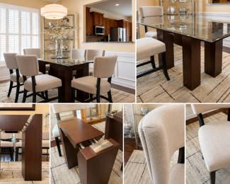 Beveled Glass Wood and Nickel/Chrome Dining Table Set with 6 Light Grey Upholstered Chairs $475 obo