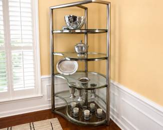Brushed Nickel/Silver Tone Contemporary Etagere with glass shelving. $75