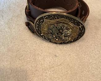Genuine Leather Belt with Ornate Floral Rhinestone Buckle