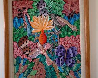 Haitian Folk Art Painting of Birds and Butterflies