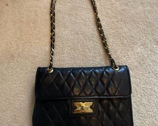 Black Quilted Leather Shoulder Bag with Gold Chain and Interlocking Clasp