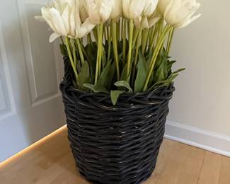 Faux White Tulip Arrangement in Black Wicker Basket