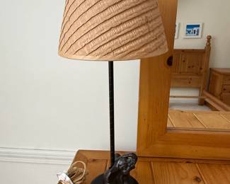 Vintage Cast Bronze Elephant Figural Table Lamp with Raffia Shade