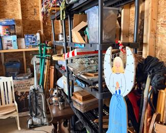 Garage shelving, tools, and household finds