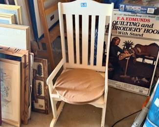 White wooden chair and quilting hoop box