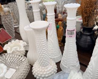 White milk glass vases and hobnail glass