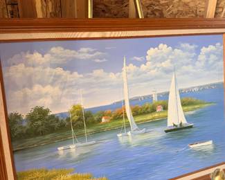 Framed sailboat lake painting
