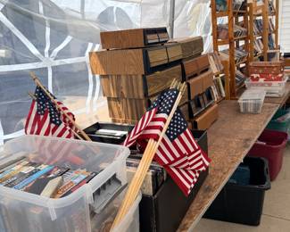 Flags, bins, books, and household goods