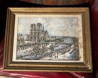 Paris Notre-Dame Cathedral River Seine Framed European Street Scene Print After Maurice Utrillo Style, $55