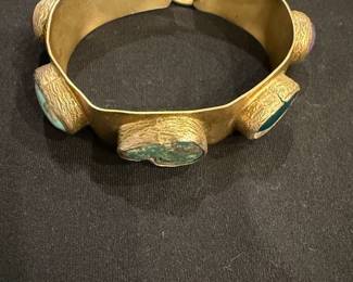 Bohemian Garnet and Pearl Inlaid Brass Bangle Bracelet