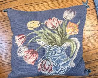 Vintage Floral Needlepoint Pillow with Tulips in Vase