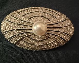 Art Deco Sterling Silver Rhinestone and Faux Pearl Brooch