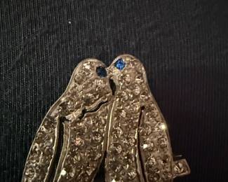 Art Deco Lovebirds Brooch with Blue Stone Eyes second image