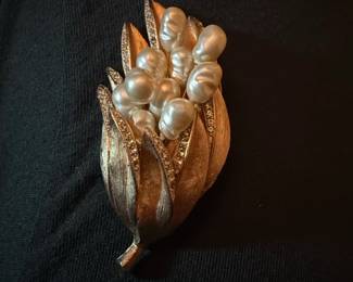 MidCentury Modern Trifari Leaf Brooch with Faux Pearls and Rhinestones