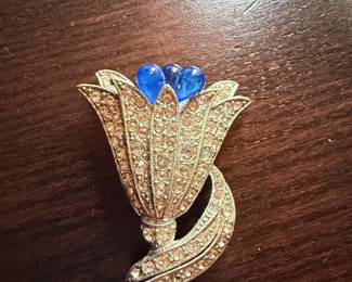 Rhinestone and Blue Glass Tulip Brooch