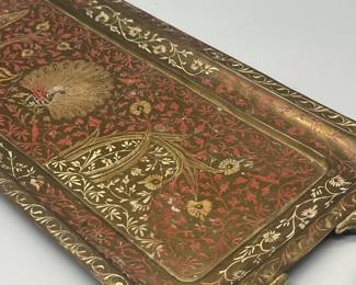 Etched enamel on brass peacock tray