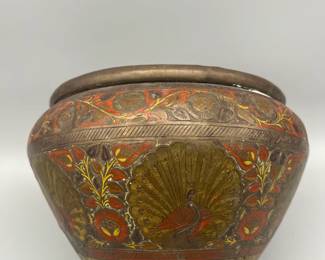 Brass enamel etched peacock Jardiniere