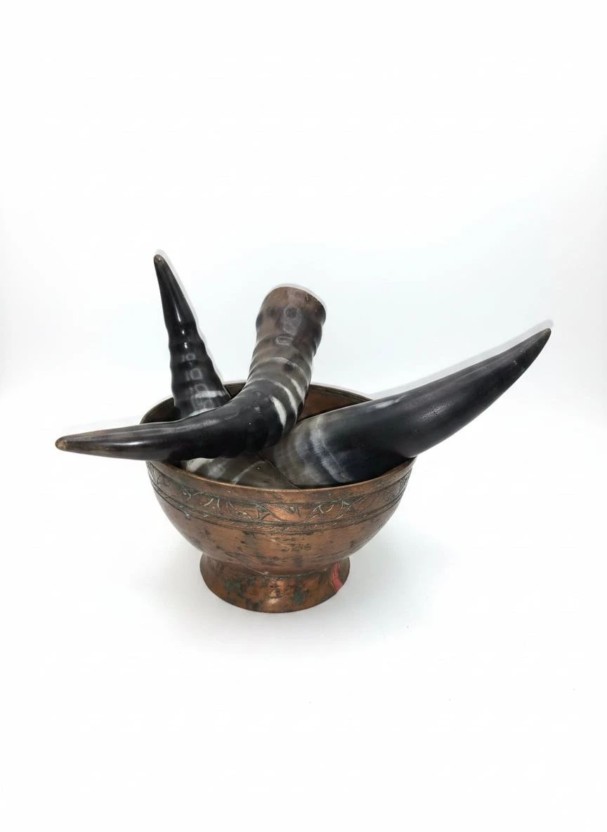Set of Three Horn Drinking Vessels in Copper Bowl