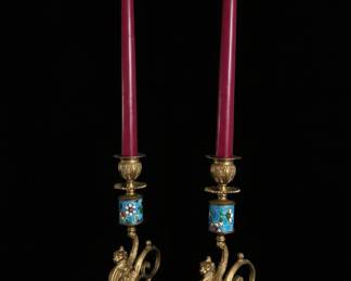 Gilt Bronze and Enamel Candlesticks (Pair) - Style