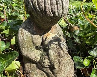 Vintage Cement Child Holding Animal Garden Statue
